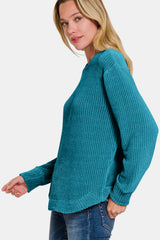 Zenana Chenille Waffle Round Neck Sweater