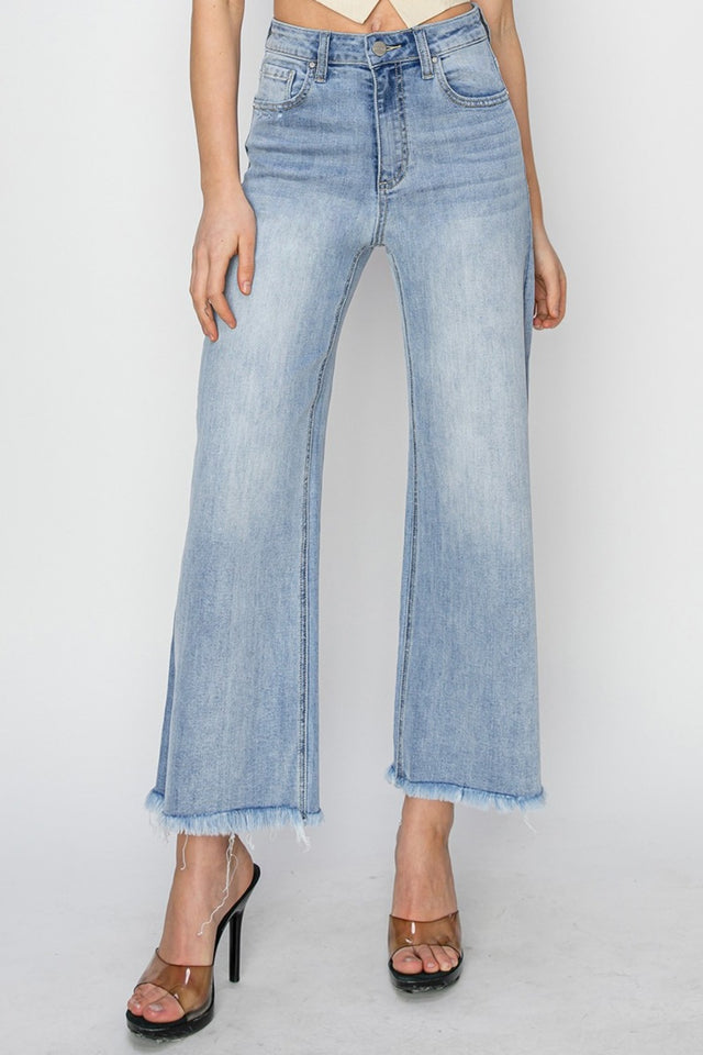 RISEN High Rise Crop Wide Fray Hem Jeans Trendsi Hanalas