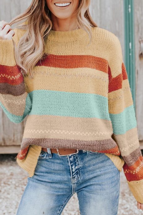 Color Block Round Neck Dropped Shoulder Sweater | Hanalas