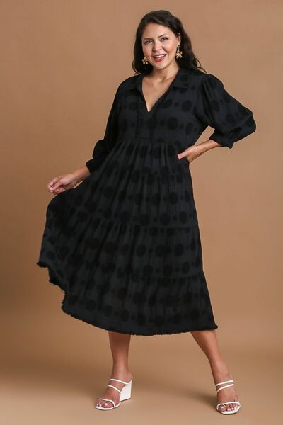 Umgee Full Size Solid Dotted Jacquard Midi Dress Plus Size | Hanalas