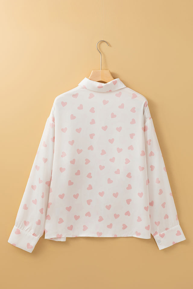 Heart Print Collared Neck Long Sleeve Shirt | Hanalas