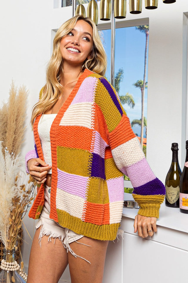 BiBi Checkered Color Block Sweater Cardigan | Hanalas