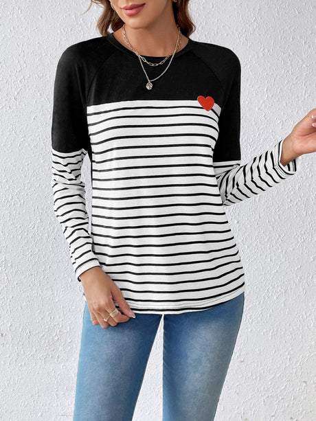 Striped Contrast Round Neck Long Sleeve T-Shirt | Hanalas