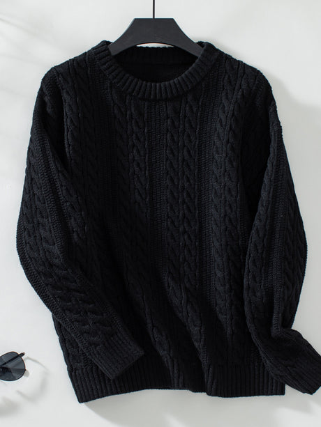 Cable-Knit Round Neck Long Sleeve Sweater Trendsi Hanalas