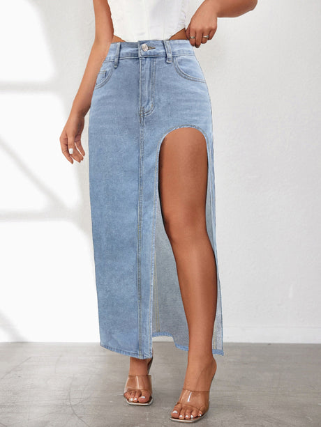 High Rise Slit Denim Skirt | Hanalas