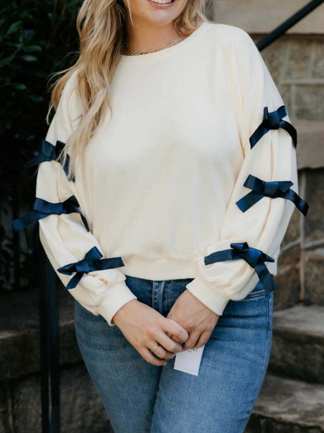 Contrast Bow Round Neck Long Sleeve Sweatshirt | Hanalas