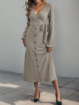 Perfee Ribbed Tied Surplice Long Sleeve Dress