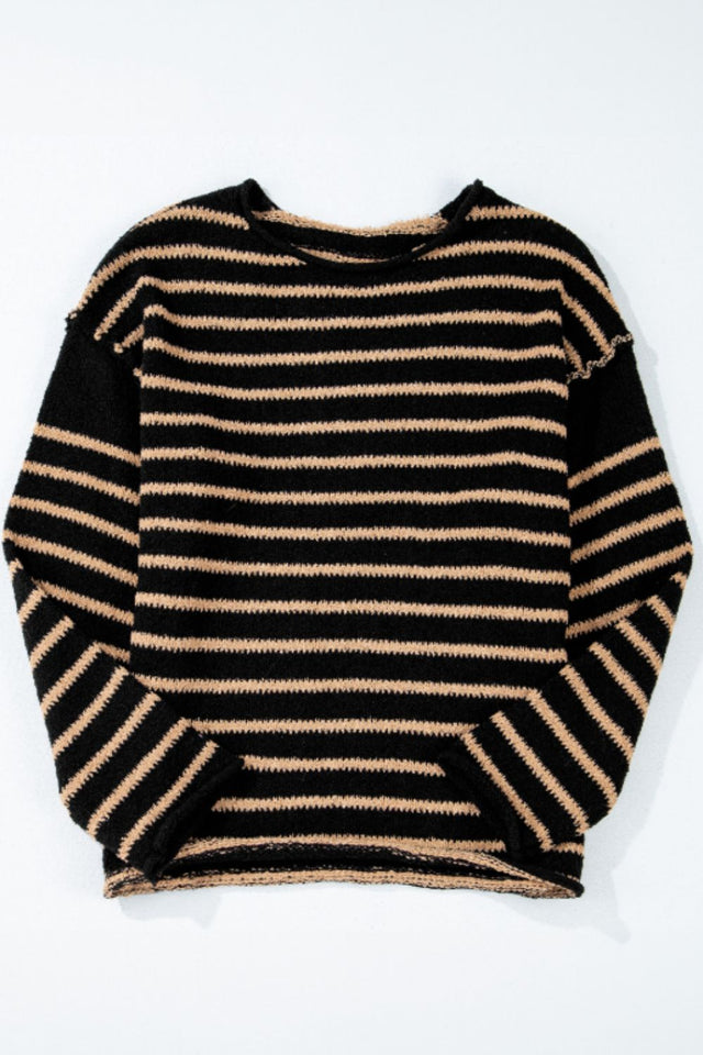 Stripe Drop Shoulder Round Neck Sweater | Hanalas