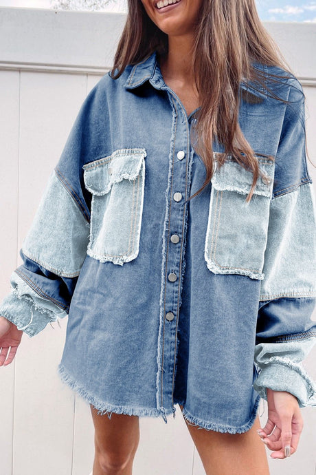 Raw Hem Color Block Denim Jacket | Hanalas