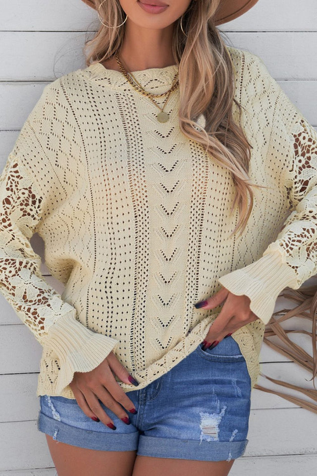 Openwork Round Neck Long Sleeve Sweater | Hanalas