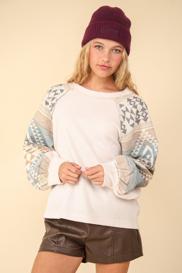 VERY J Printed Long Sleeve Round Neck Knit Top | Hanalas