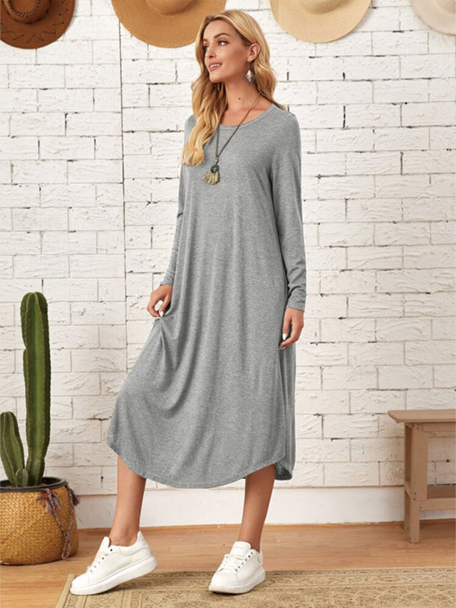 Pocketed Round Neck Long Sleeve Tee Dress - Hanalas