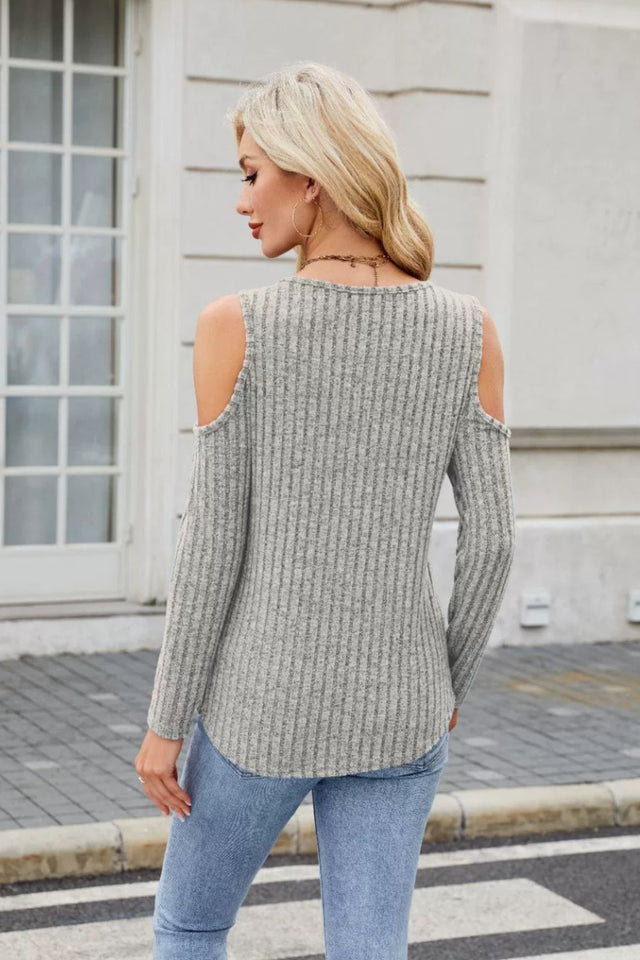 Ribbed Cold Shoulder Long Sleeve Top | Hanalas