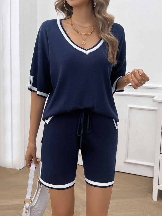 Devine Contrast Trim V-Neck Top and Shorts Set | Hanalas