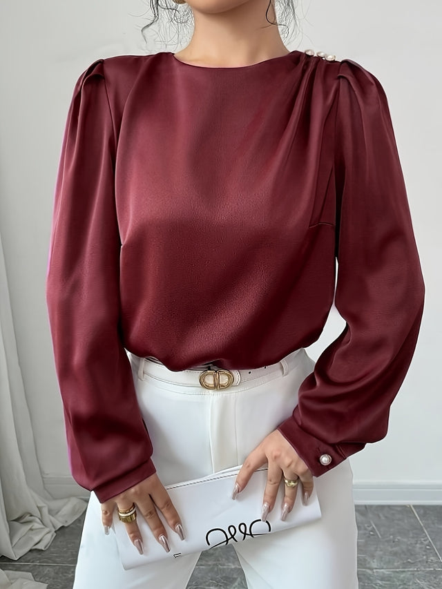 Ruched Round Neck Long Sleeve Blouse | Hanalas