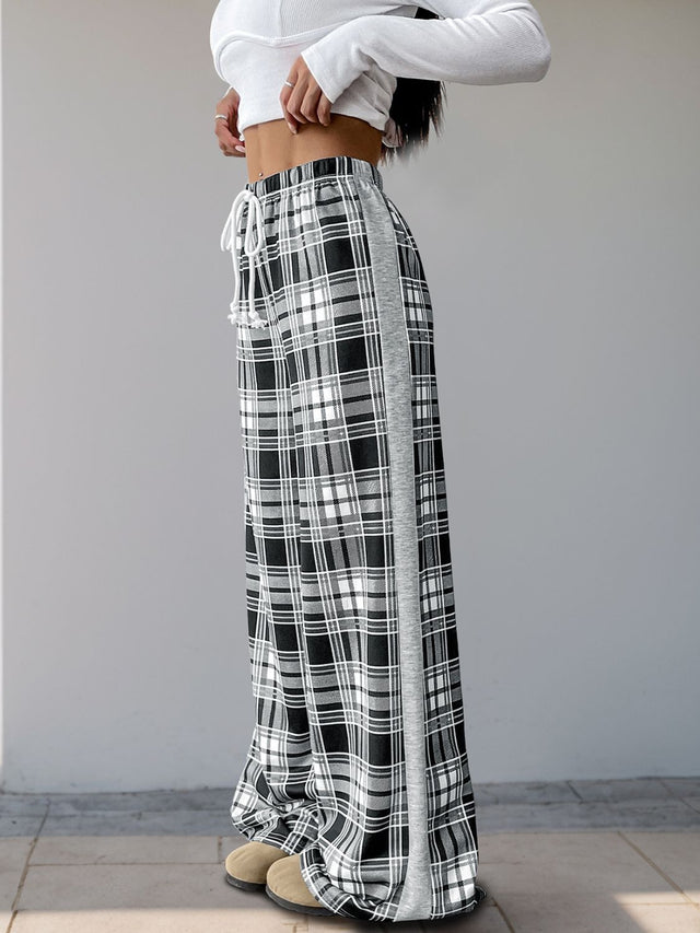 Perfee Drawstring Plaid Wide Leg Pants | Hanalas