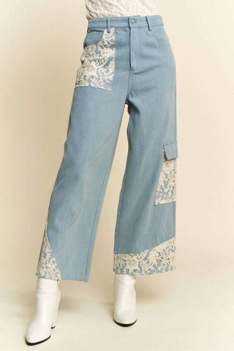 Davi & Dani Lace Applique Wide Leg Jeans | Hanalas