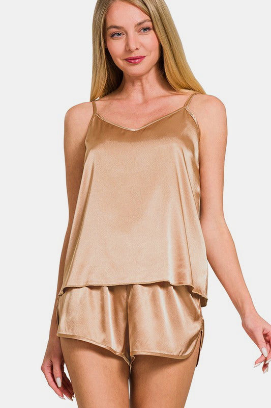 Zenana V-Neck Satin Cami and Elastic Waist Shorts Lounge Set | Hanalas