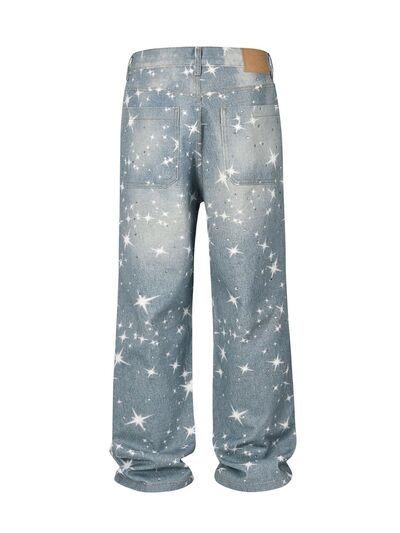 Washed Rhinestone Star Print Jeans | Hanalas