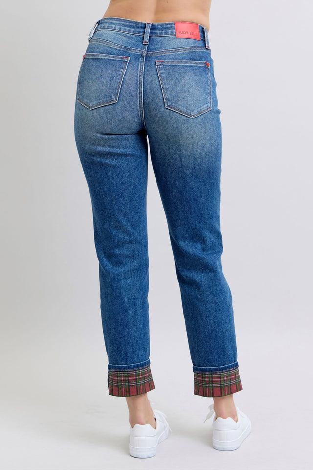 Judy Blue Full Size Plaid Print Cuff Straight Leg Jeans with Pockets | Hanalas