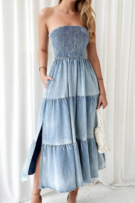 Smocked Tube Slit Tiered Denim Dress | Hanalas