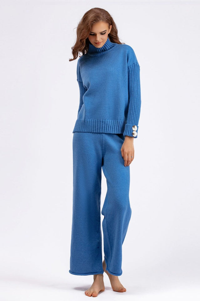 Basic Bae High- Low Turtleneck Long Sleeve Top and Pants Sweater Set Trendsi Hanalas