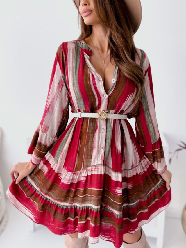 Buttoned Striped Long Sleeve Mini Dress