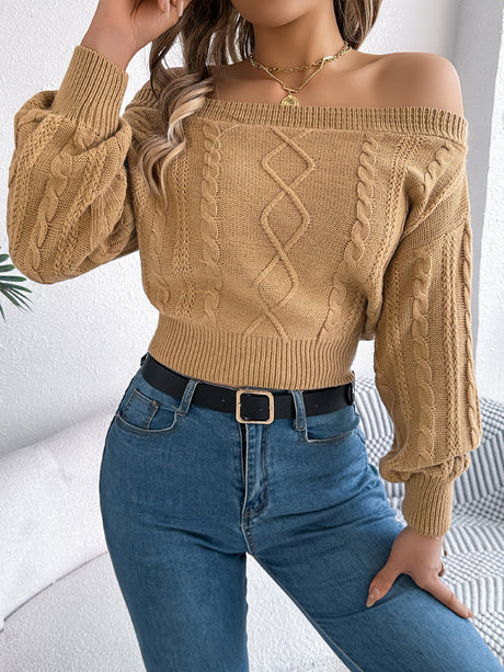 Cable Knit Off-Shoulder Long Sleeve Sweater Trendsi Hanalas