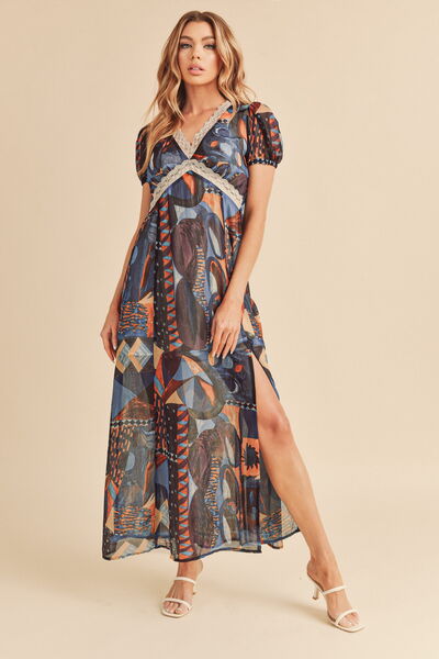Aemi + Co Lace Detail Slit Geometric Print Short Sleeve Maxi Dress | Hanalas