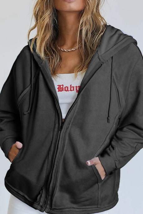 Exposed Seam Zip Up Long Sleeve Drawstring Hoodie | Hanalas