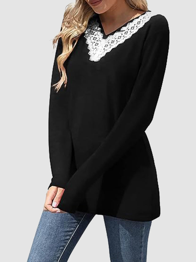 Lace Detail V-Neck Long Sleeve T-Shirt | Hanalas