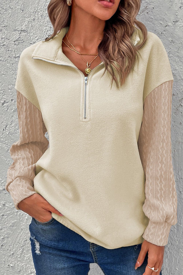 Half Zip Textured Patchwork Drop Shoulder Sweatshirt | Hanalas