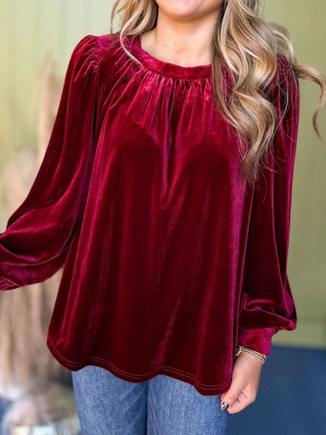 Ruched Round Neck Long Sleeve Blouse | Hanalas