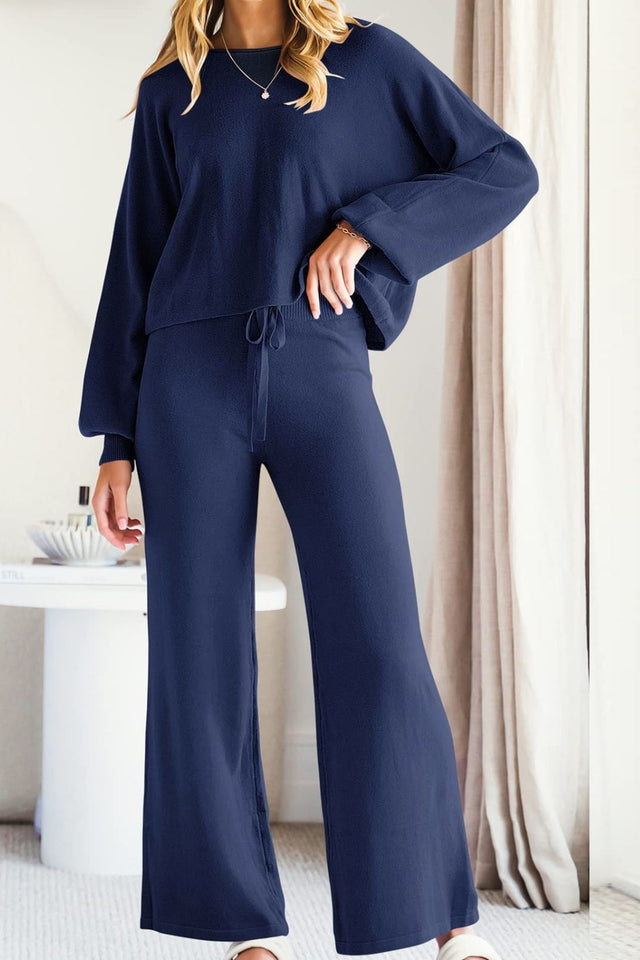 Round Neck Long Sleeve Top and Pants Set | Hanalas