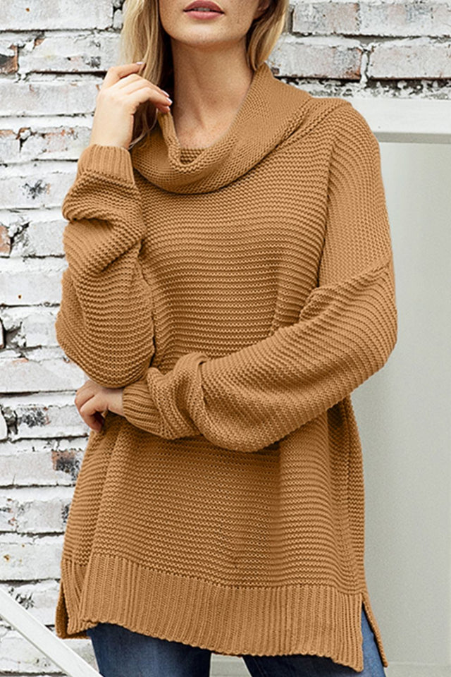 Side Slit Turtleneck Long Sleeve Sweater | Hanalas