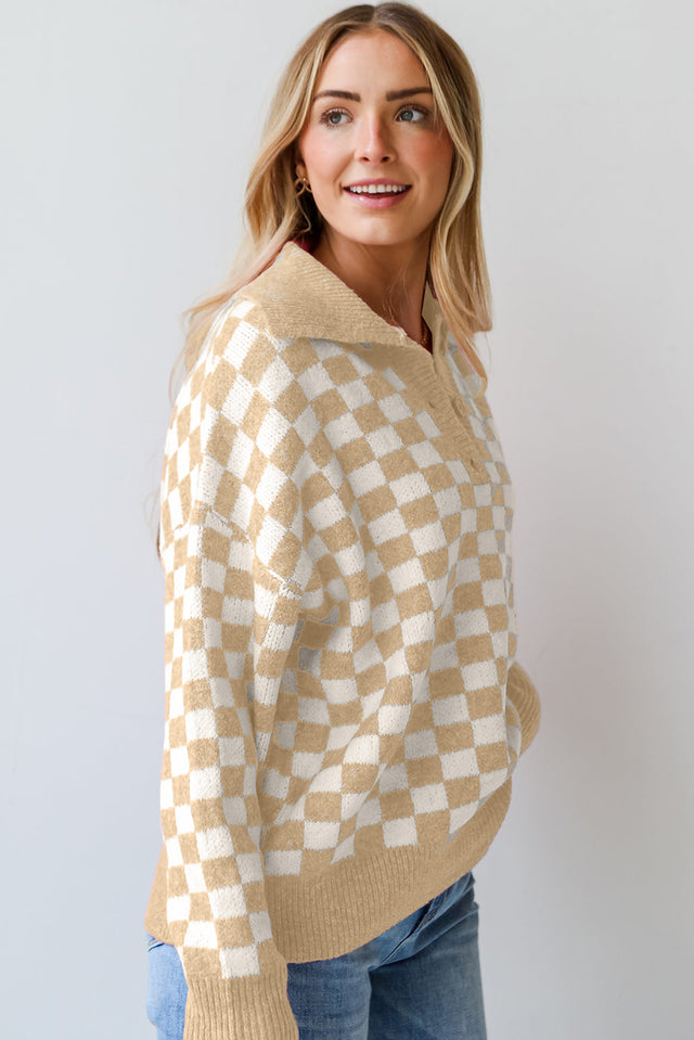 Checkered Collared Neck Long Sleeve Sweater | Hanalas