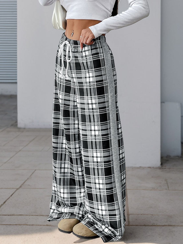 Perfee Drawstring Plaid Wide Leg Pants | Hanalas