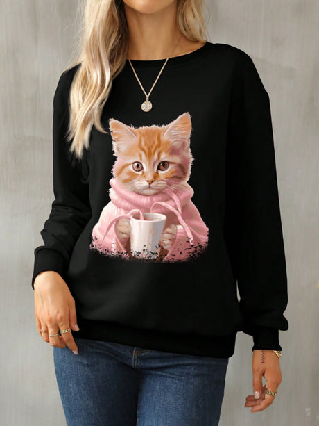 Cat Round Neck Long Sleeve Sweatshirt | Hanalas