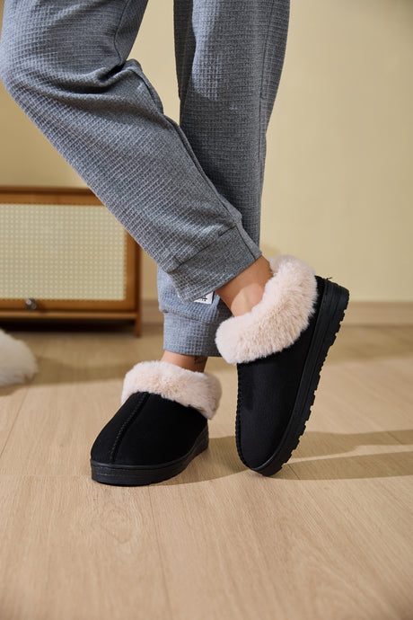 Faux Fur Round Toe Platform Slippers | Hanalas