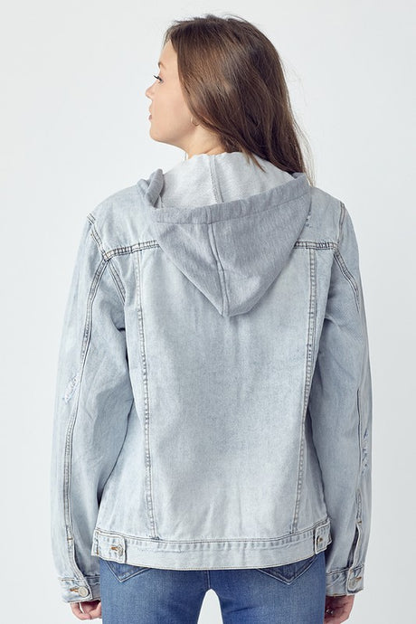 RISEN Full Size Distressed Drawstring Hooded Denim Jacket Trendsi Hanalas