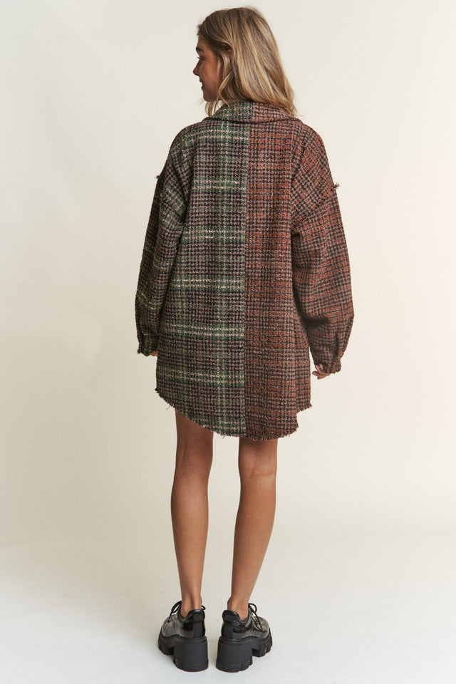 J.NNA Snap Down Tweed Plaid Contrast  Longline Shacket | Hanalas