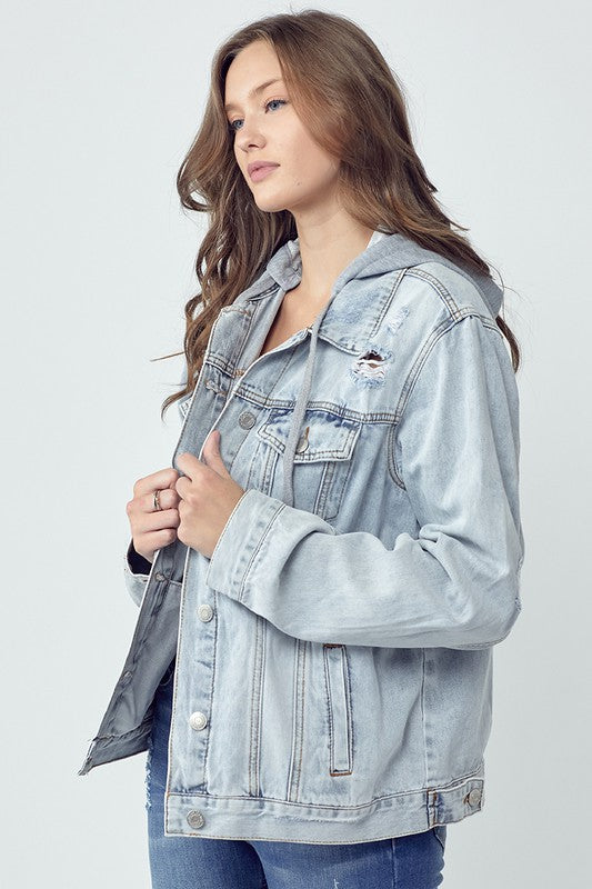 RISEN Full Size Distressed Drawstring Hooded Denim Jacket Trendsi Hanalas