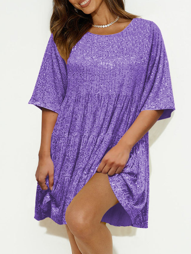 Sequin Round Neck Half Sleeve Mini Dress | Hanalas