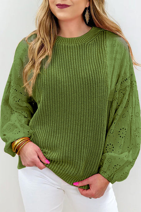 Eyelet Round Neck Drop Shoulder Sweater | Hanalas