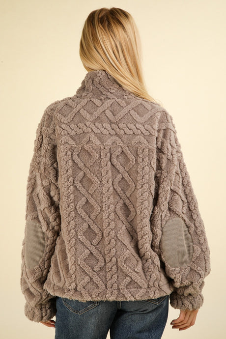 VERY J Fuzzy Fleece Half Zip Cable Pattern Sweatshirt | Hanalas