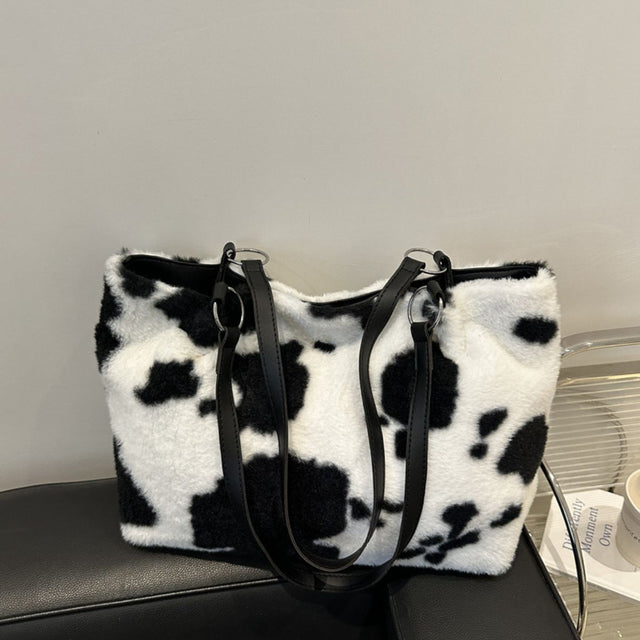 Cow Print Furry Tote Bag Trendsi Hanalas