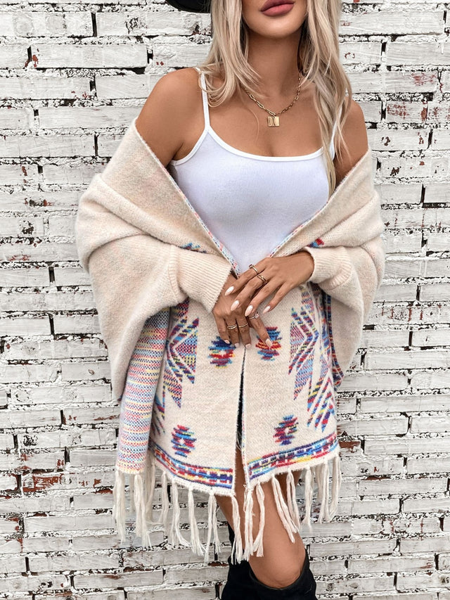 Fringe Geometric Open Front Long Sleeve Cape | Hanalas