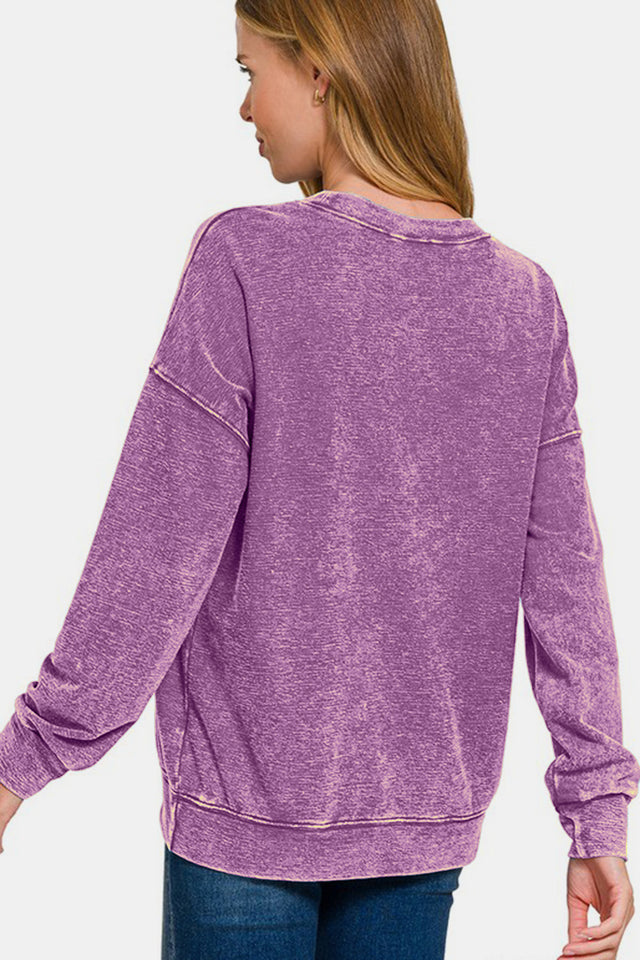 Zenana Washed Round Neck Dropped Shoulder Sweatshirt | Hanalas