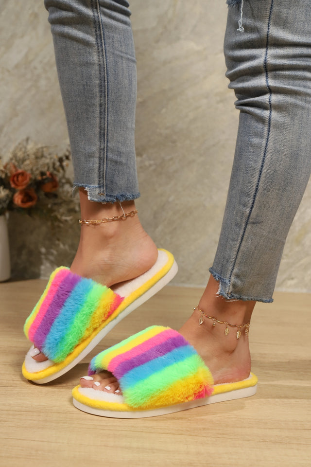 Color Block Open Toe Faux Fur PVC Slippers | Hanalas