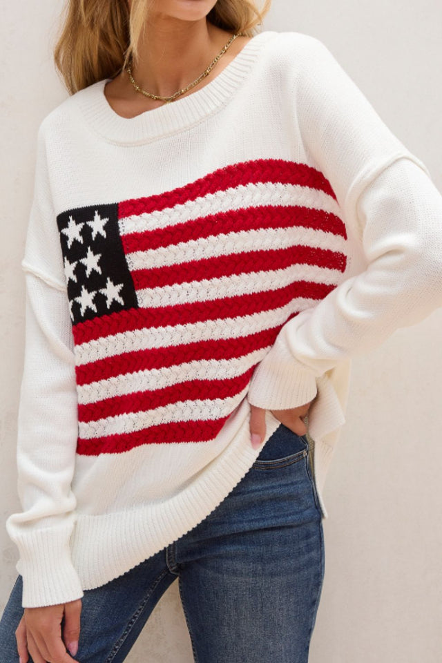 US Flag Side Slit Drop Shoulder Sweater | Hanalas